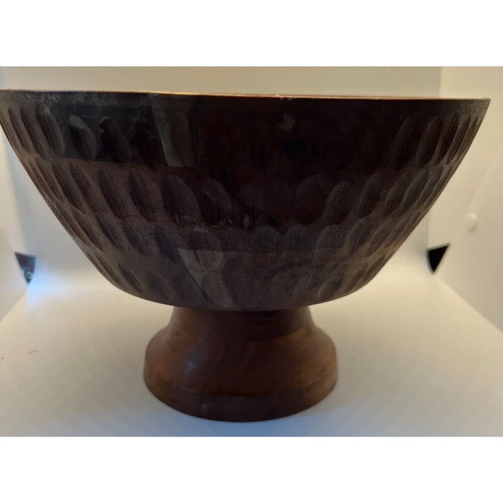 Vintage MCM Hand Carved Wood Pedestal Serving Bowl 11” Primitive Fruit Bowl